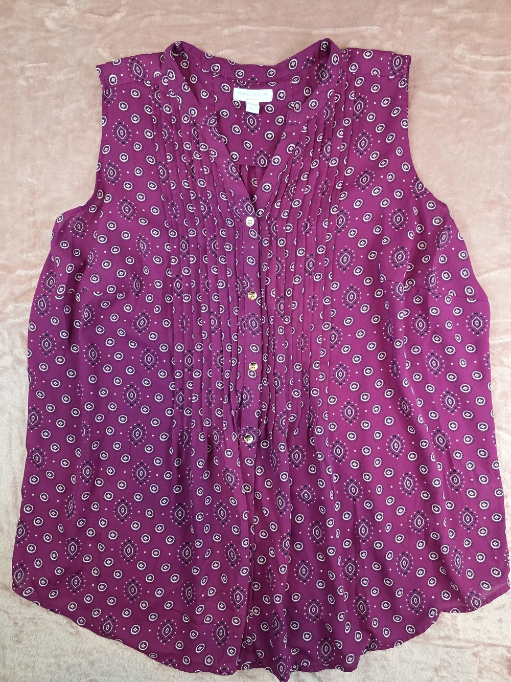 Charter Club Sleeveless Pintuck Blouse - Magenta with White Accents